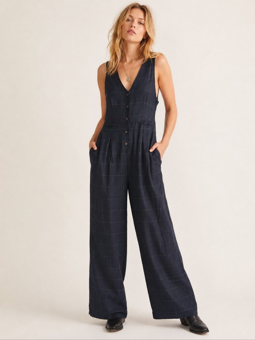 Free People Windowpane Plaid Wide Leg Jumpsuit Overalls Size 8